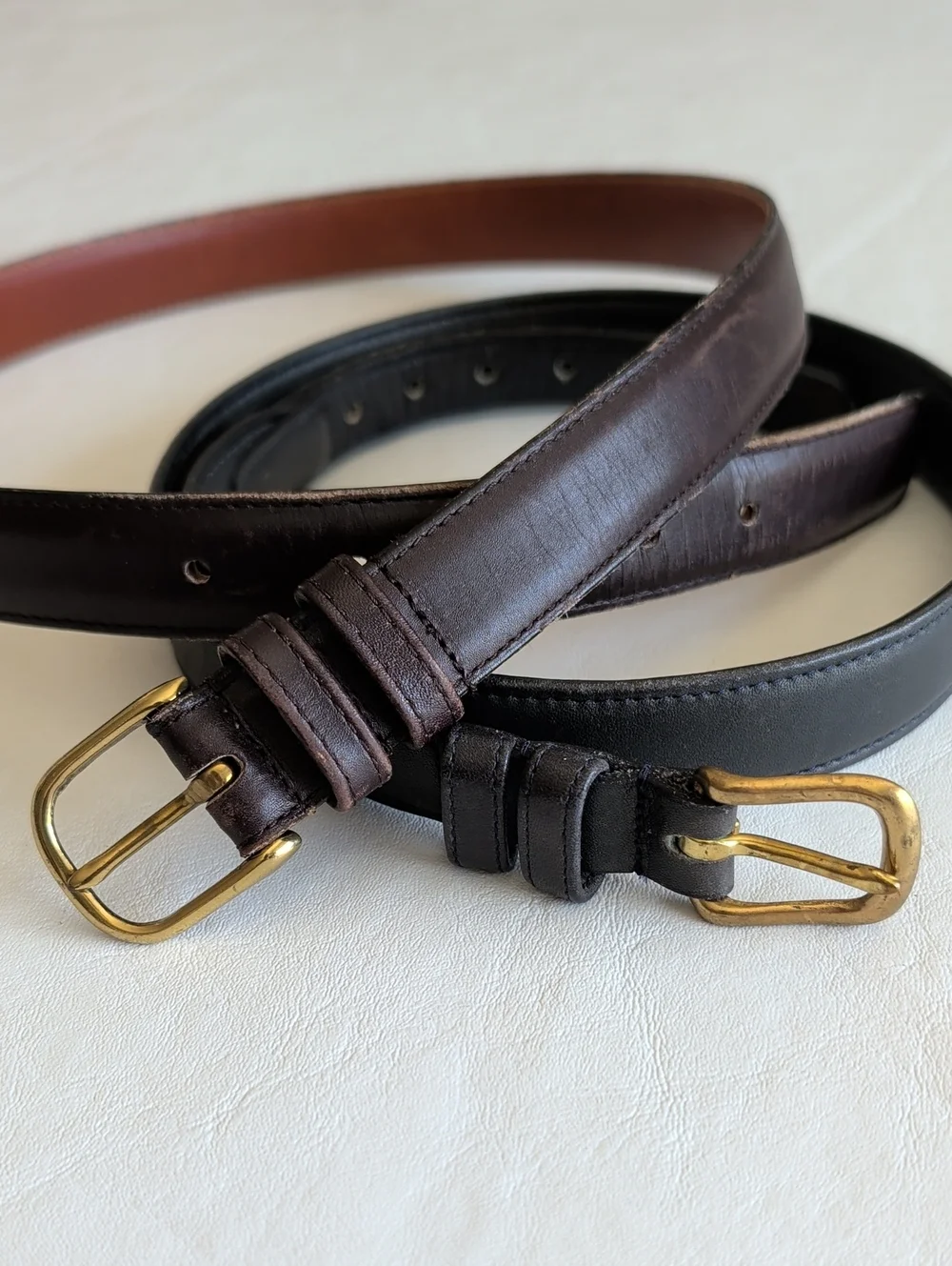 Set Of Two Coach Slim Dark Brown & Navy Leather Belts Brass Hardware Size 30